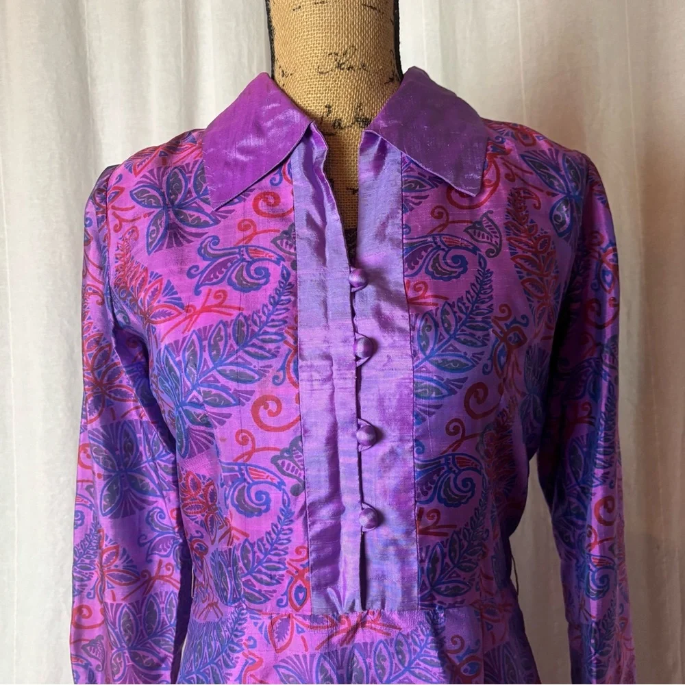 Vintage Jarin Thai Silk President Hotel Midi Dress Purple Blue Print Sz Small 8 - Picture 4 of 8